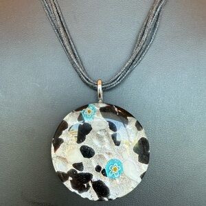 Millefiori Glass Pendant Necklace Black Silver Blue Glass Italian Style